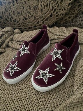 Jessica Simpson burgundy velvet rhinestone loafers slip ons 8 NEW